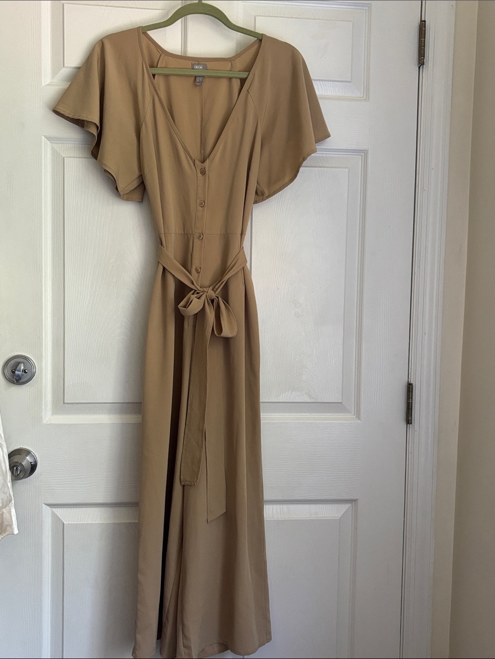 asos beige tan wide leg jumpsuit vneck s fr litter sleeve size 4 waist tie belt